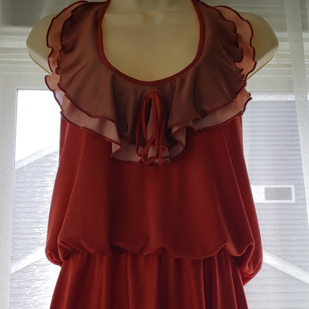 70's vintage disco ruffle dress peach,bronze,burnt